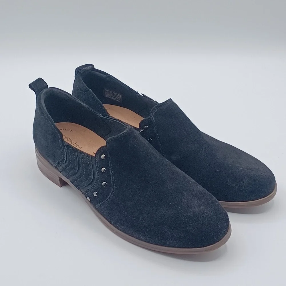 Clarks Collection Loafers Womens 9.5‎ Black Suede Studded Slip On Shoes NEW